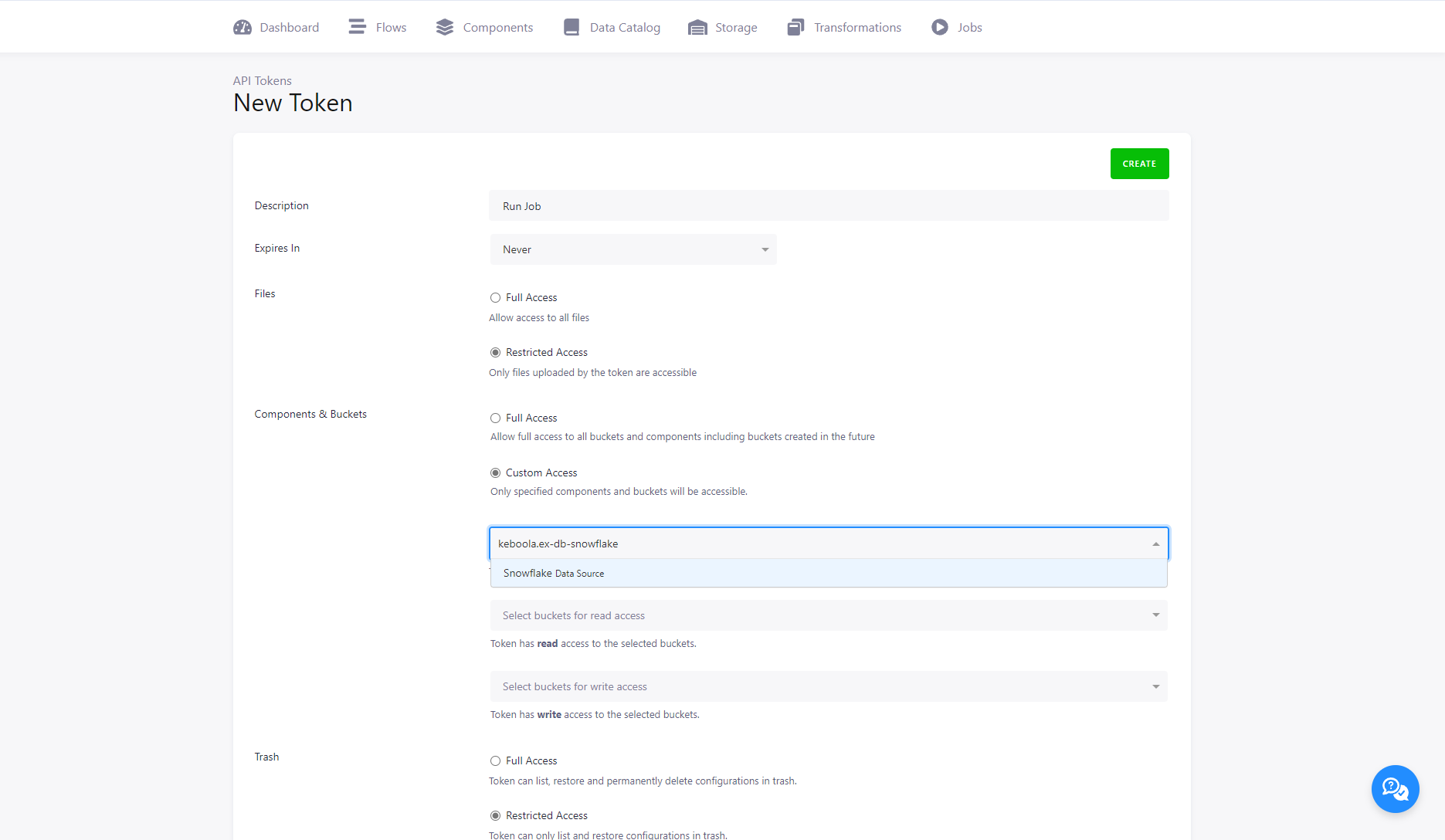 Token settings dialog with access limited to a single component