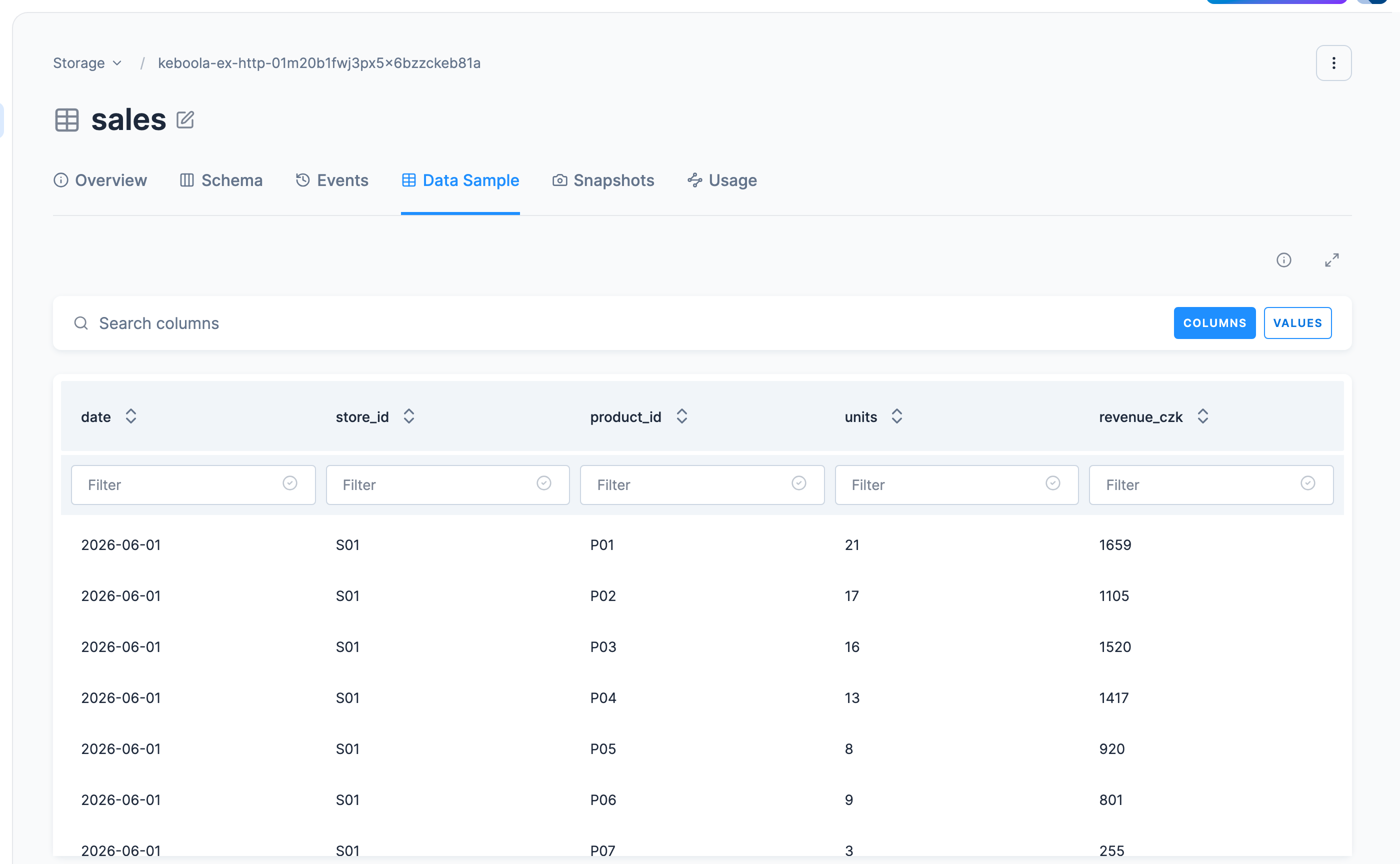 Screenshot - Table detail with data sample