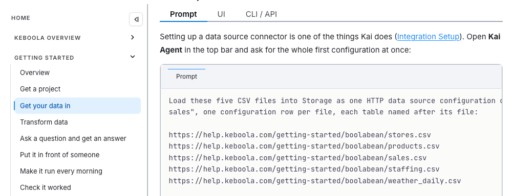 Choosing the CLI / API tab on one page, then opening the next page in the guide, which is already showing its CLI / API tab